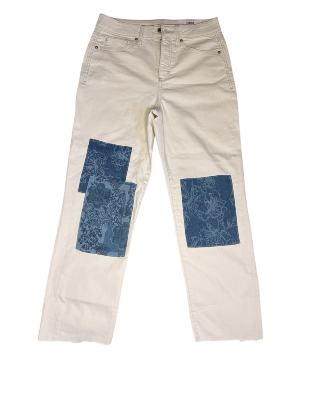 Artsy patchwork Cream Jeans High Rise Straight leg Raw Hem Cottagecore Size 8